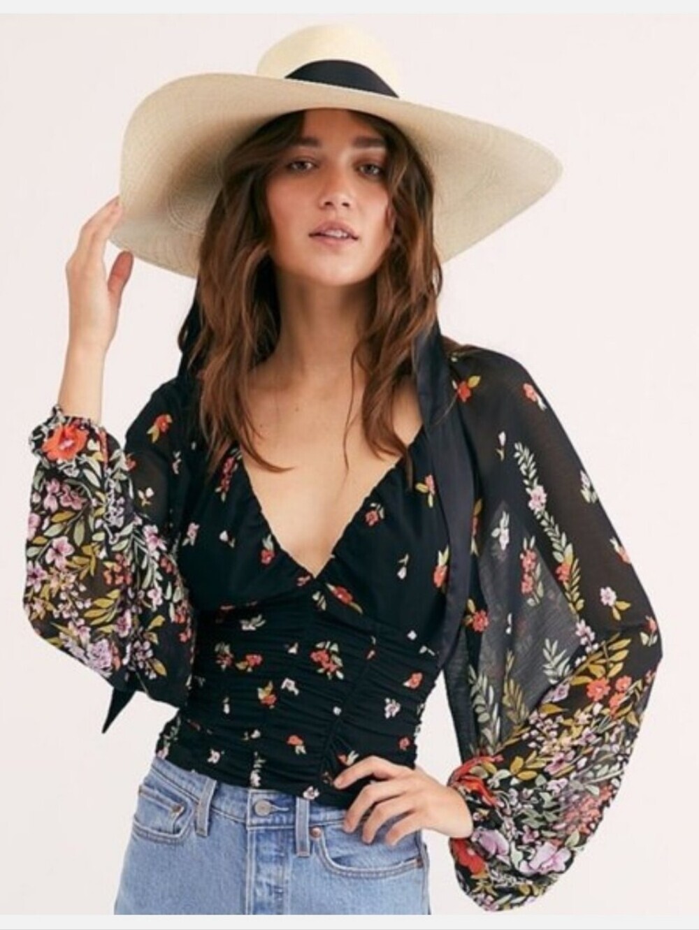 Free People Womens |XS| Final Rose Smocked Back Balloon Sleeves Blouse
